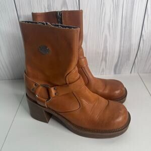 Y2K 90s Harley Davidson Brown Moto Boots Chunky Buckle Sz 8.5 Retro Funky Rare